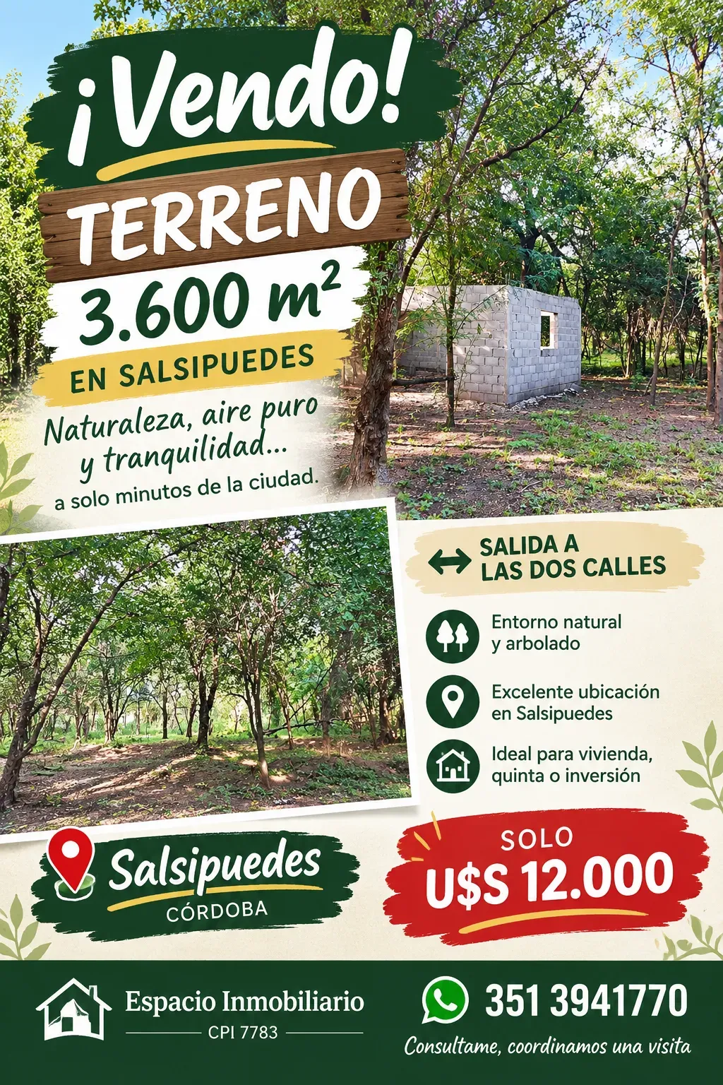 Salsipuedes oportunidad 3600 m2 a sólo dólares 12.000