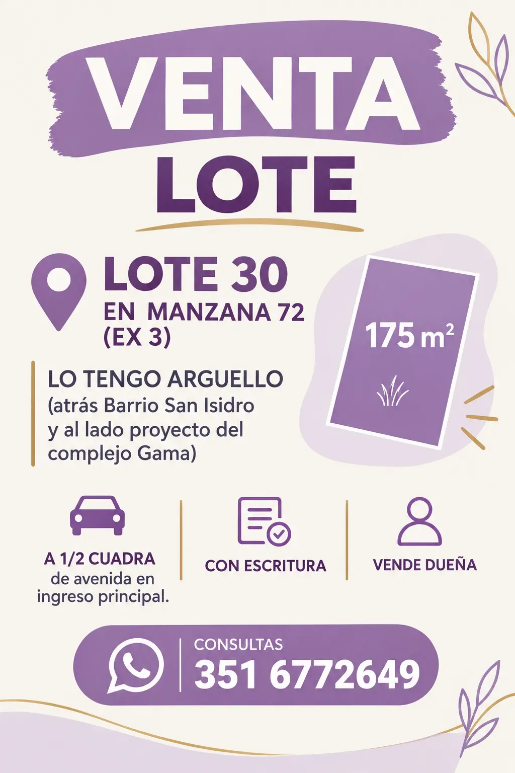 EACUCHO OFERTA/ DUEÑA VENDE LOTE CON ESCRITURA – U$S 13.000-