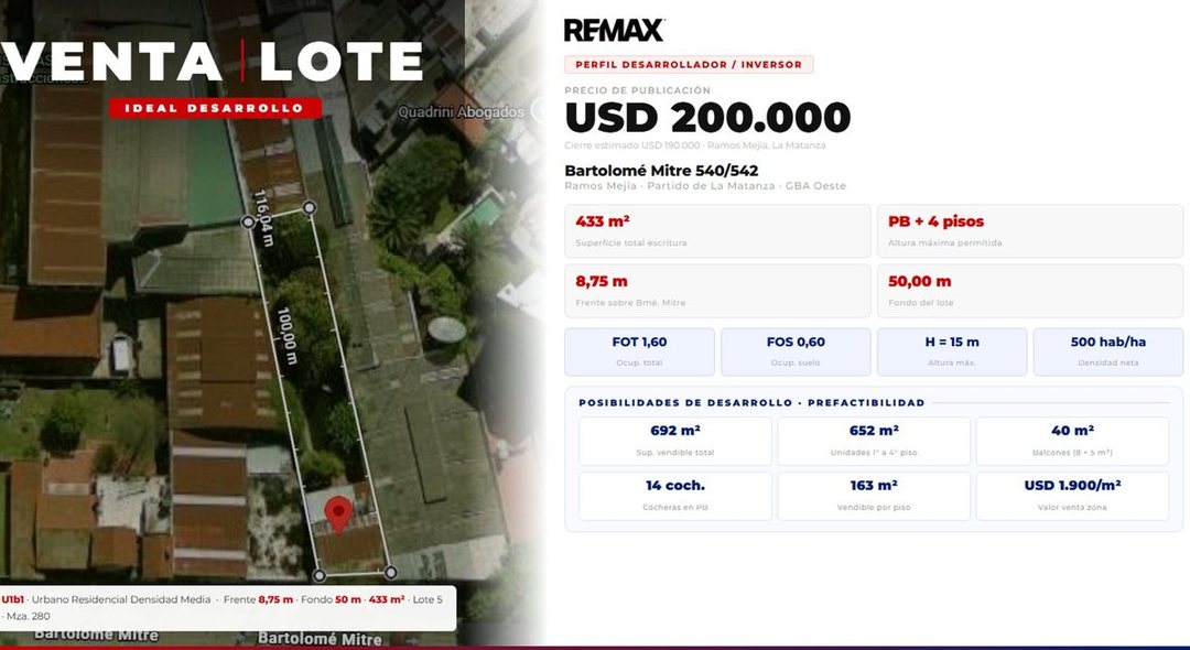 VENTA RAMOS MEJIA LOTE IDEAL DESARROLLO