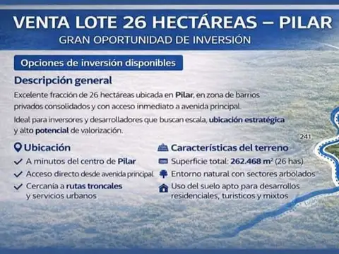 Venta lote 26 hectareas pilar inversion