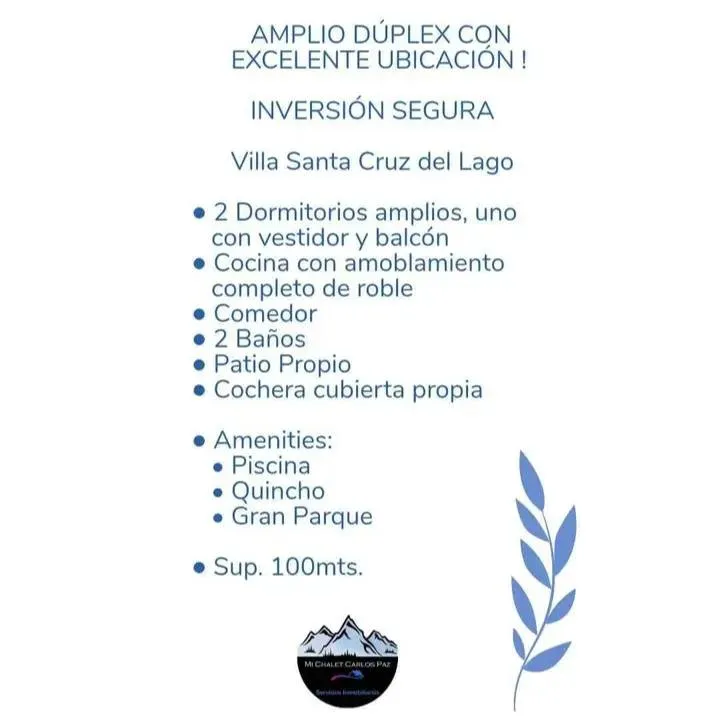 EXCELENTE DUPLEX AMPLIO CON PILETA QUINCHO Y COCHERA EN VILLA SANTA CRUZ DEL LAGO A 10' DE CARLOS PAZ