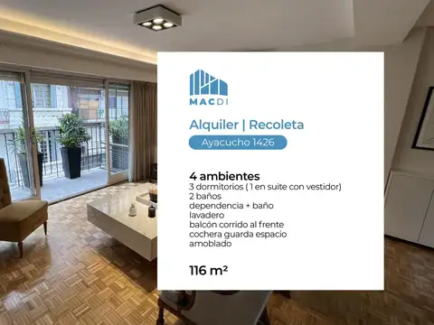 Excelente dpto. 4 ambientes en alquiler temporal totalmente equipado con cochera en recoleta.