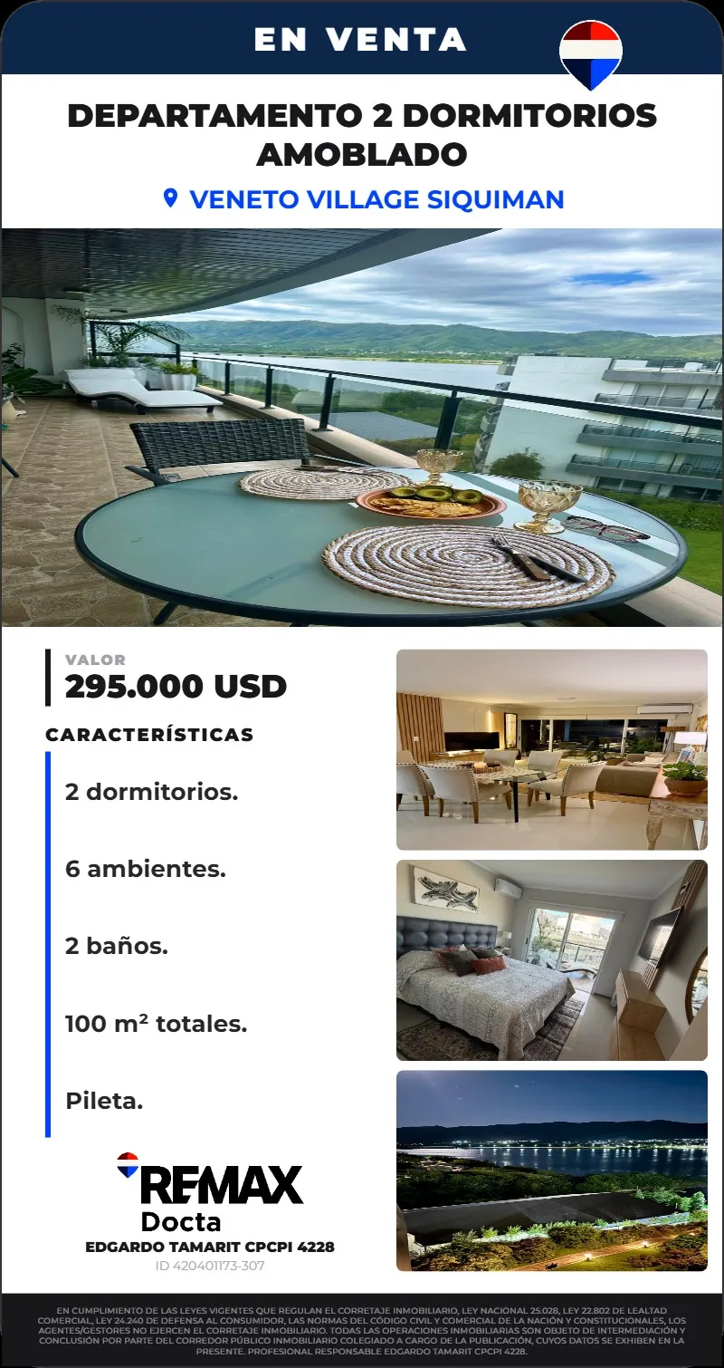 DEPARTAMENTO VENETO VILLAGE SIQUIMAN CORDOBA 2 DORMI AMENITIES BALCON PISO 3º AMOBLADO FRENTE LAGO INVERSION VENTA
