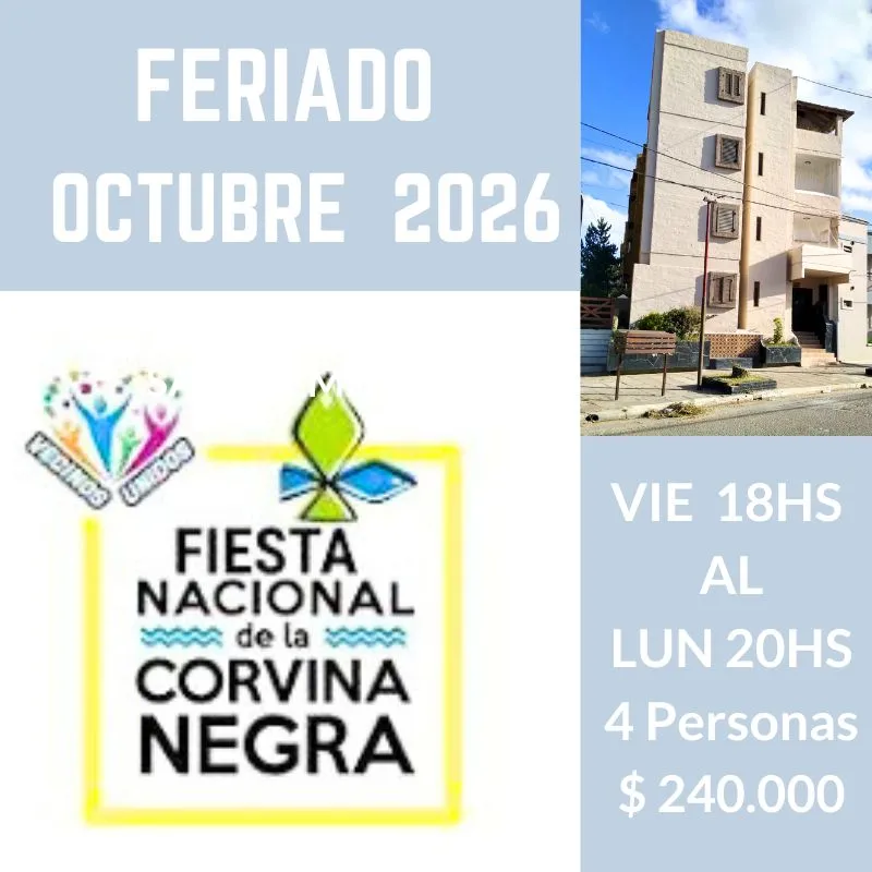 San Clemente, Promo,  Feriado OCTUBRE  2026,  60° Fiesta de la Corvina Negra , Alquiler departamento,  tarifas  .