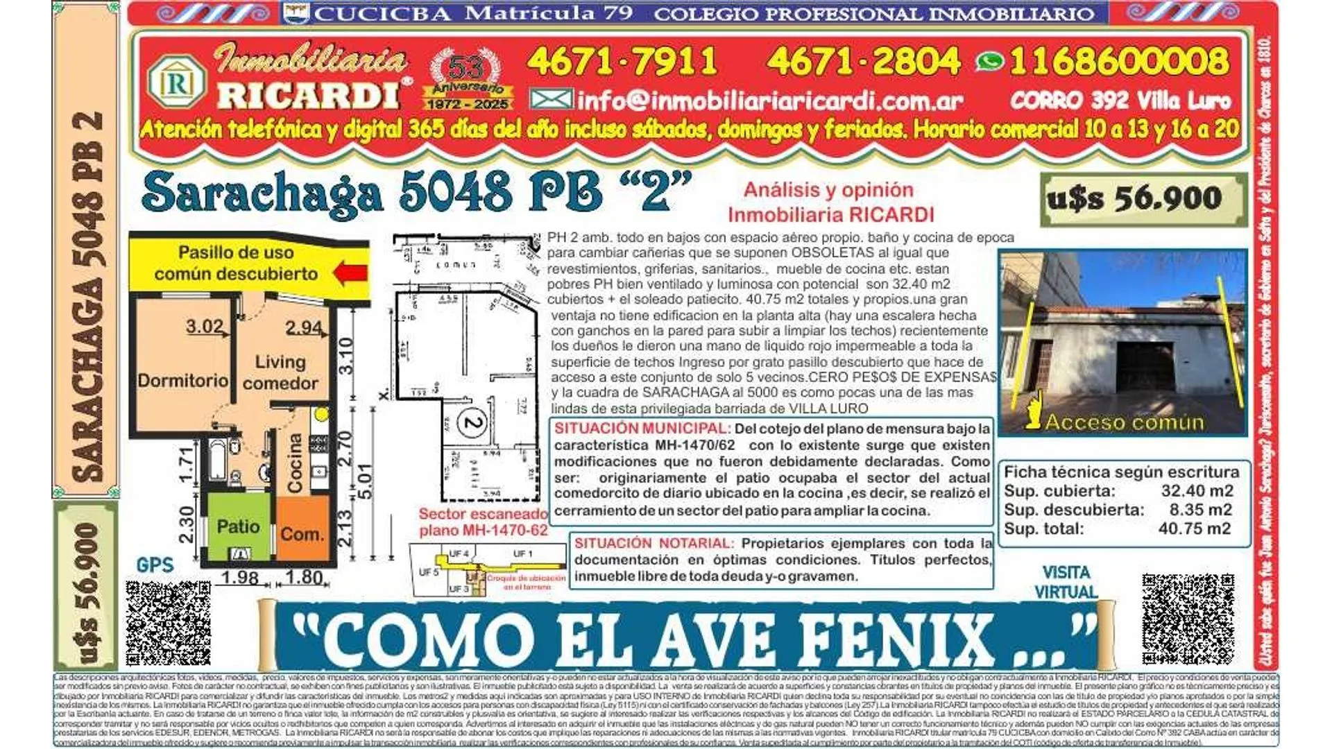 COMO EL  AVE FENIX PH  2 amb. PB patio + espacio aereo