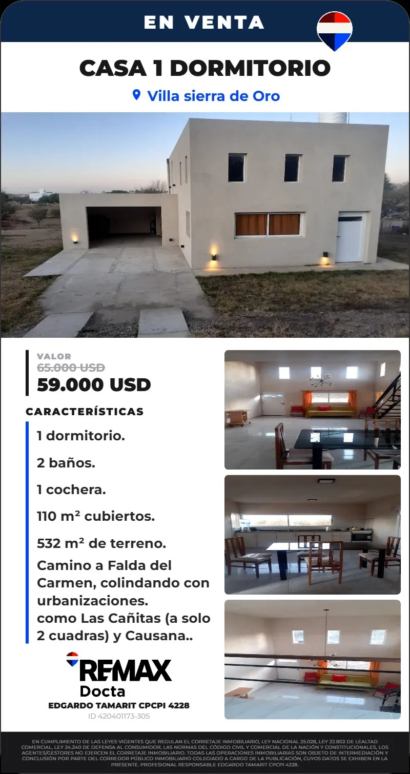 CASA VILLA SIERRAS DE ORO MALAGUEÑO CORDOBA 1 DORMI COCHERA PATIO VISTAS A LAS SIERRAS INVERSOION VENTA
