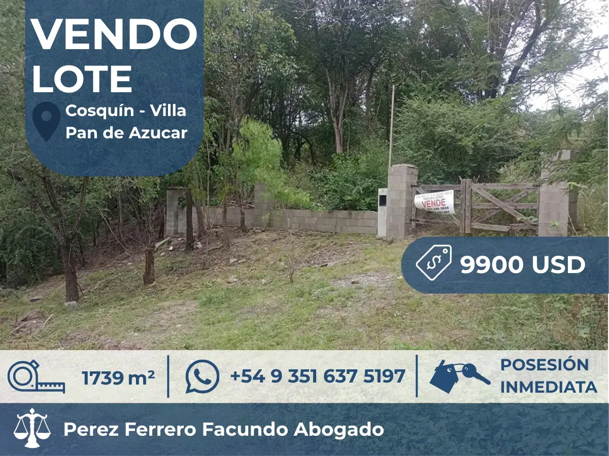 4 Lotes de terreno V. Pan De Azucar, Cosquín |1739M2| Recibo vehículo automotor, financio y vendo