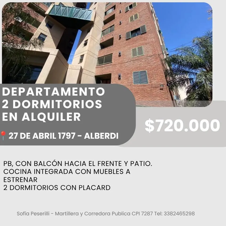 DEPARTAMENTO 2 DORMITORIOS EN ALQUILER - ALBERDI