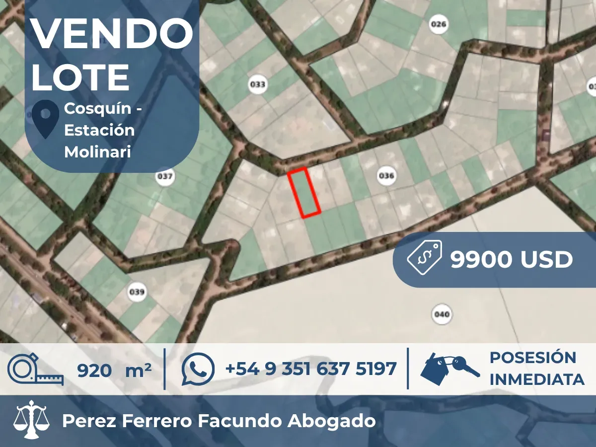 Dos Lotes en Est. Molinari, Cosquín superficie de 920M2 Recibo vehículo automotor, financio y vendo