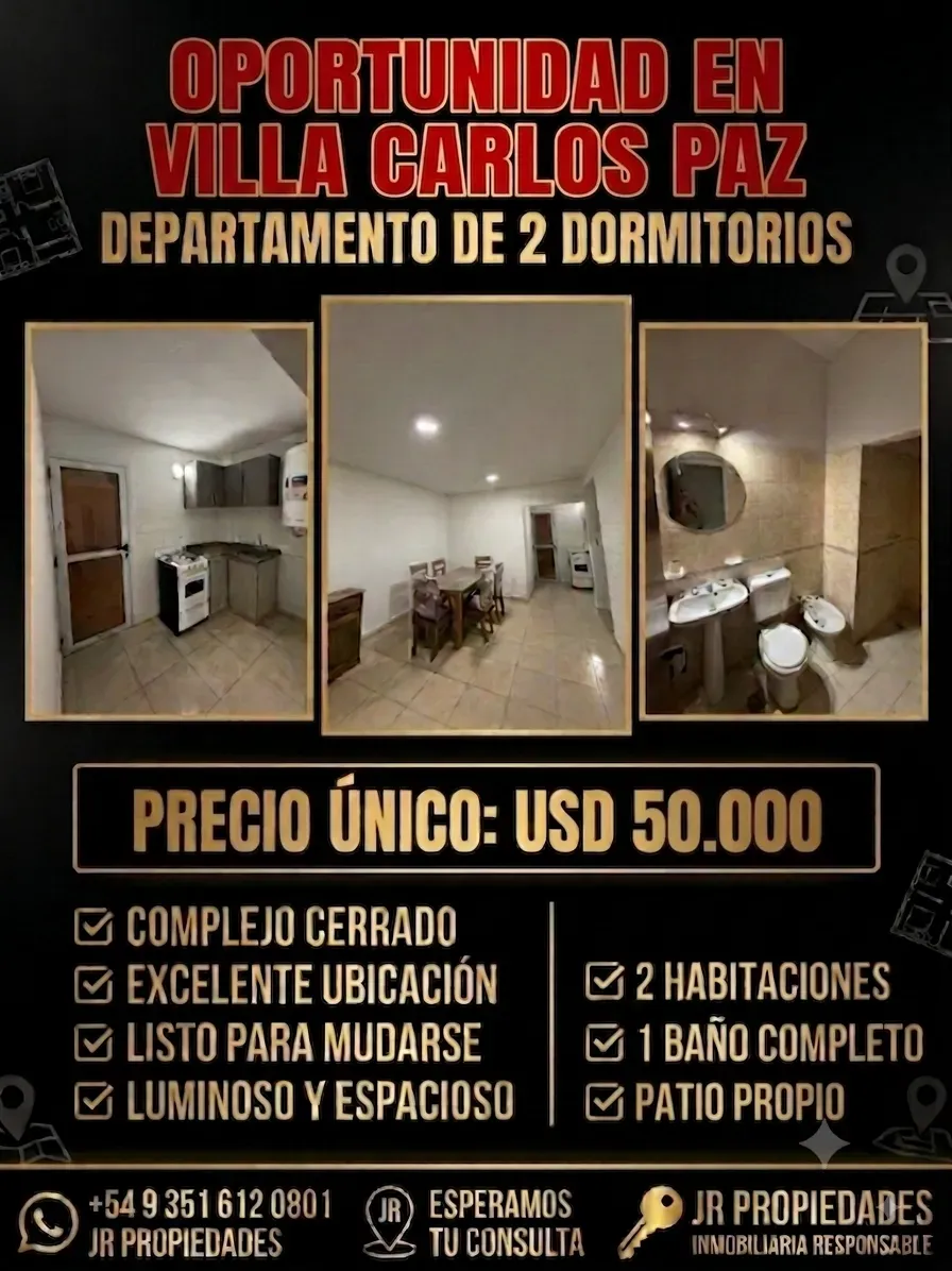VILLA CARLOS PAZ ! URGENTE VENDO DPTO DE 2 DORM +COCHERA