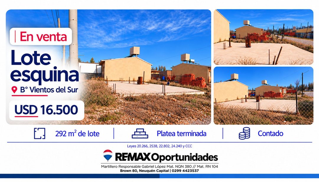 LOTE EN VENTA EN B° VIENTOS DEL SUR CON PLATEA