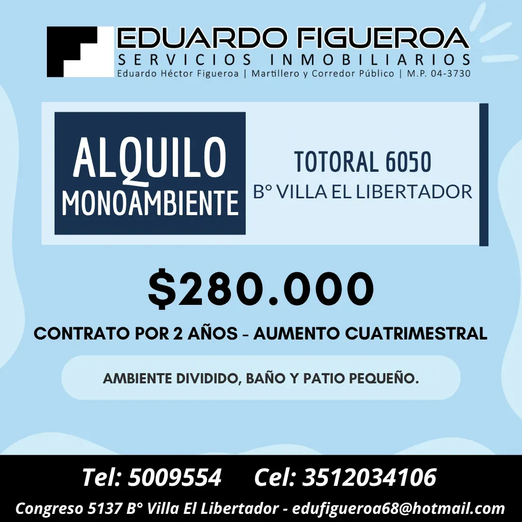 ALQUILO MONOAMBIENTE B° VILLA EL LIBERTADOR