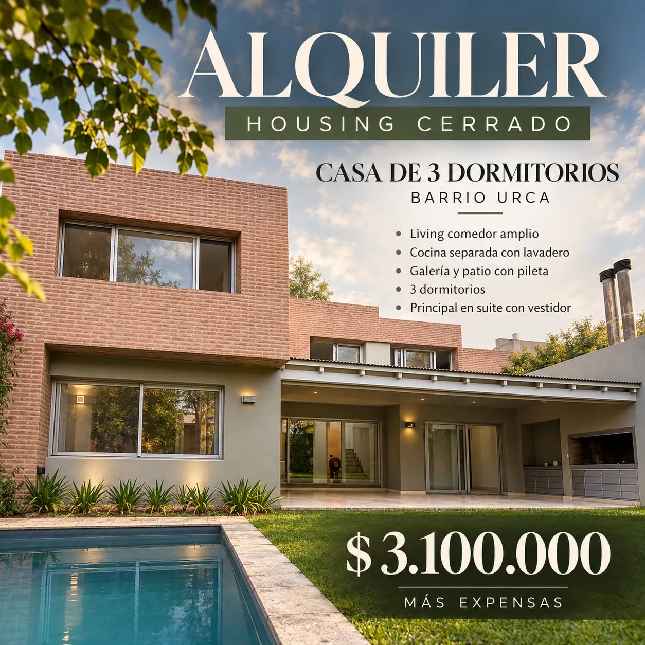 Alquiler Housing 3 dormitorios con pileta