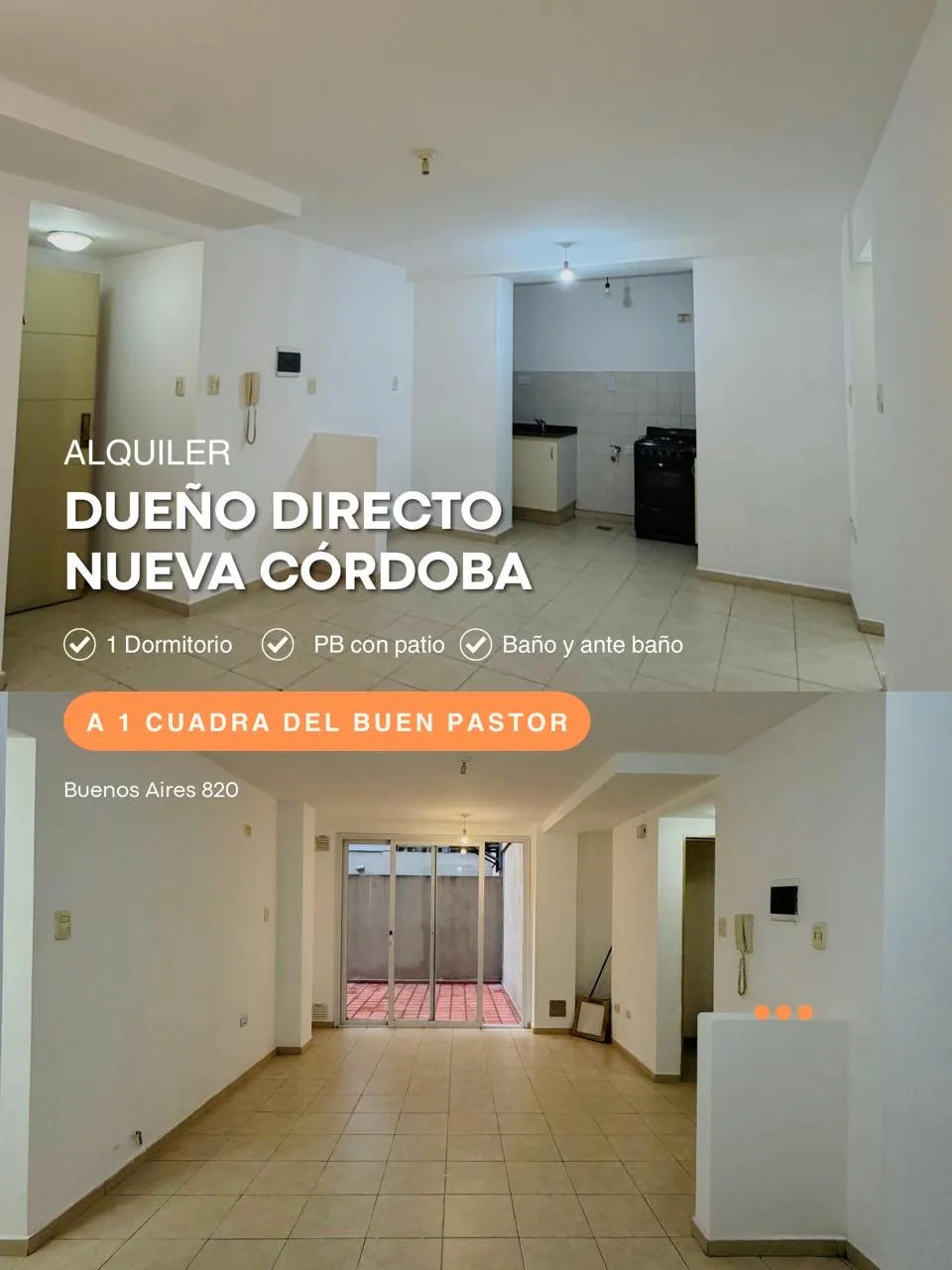 DUEÑO DIRECTO - ALQUILA DEPARTAMENTO 1 DORMITORIO - NUEVA CORDOBA ZONA BUEN PASTOR.