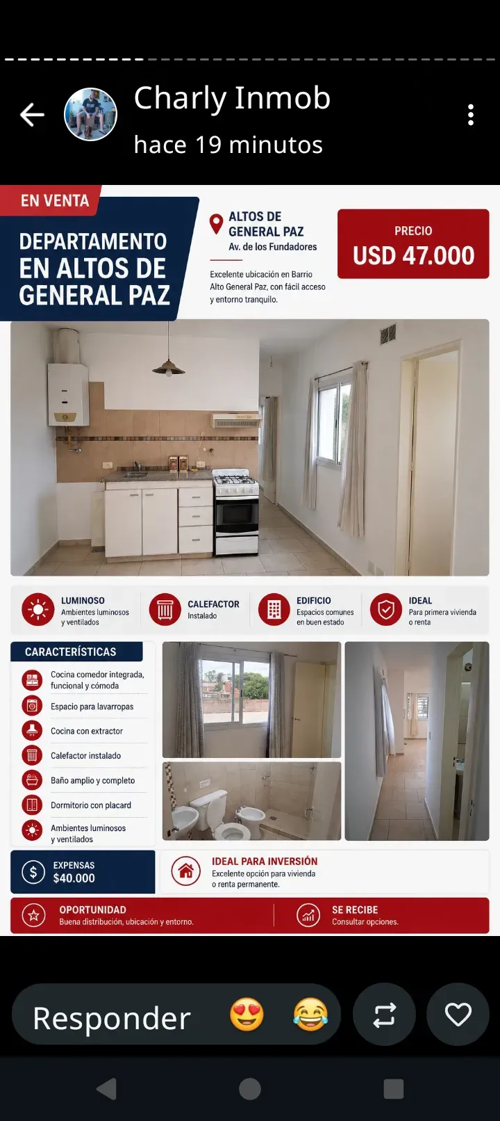 Excelente y luminoso departamento a la venta.