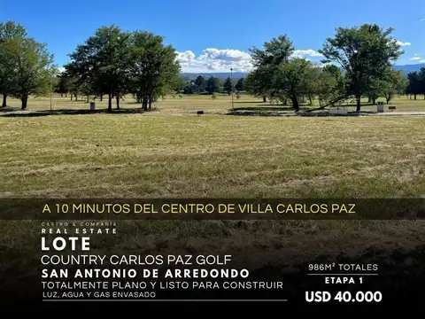 Oportunidad lote de 986 m2 en etapa 1 en country carlos paz golf san antonio de arredondo