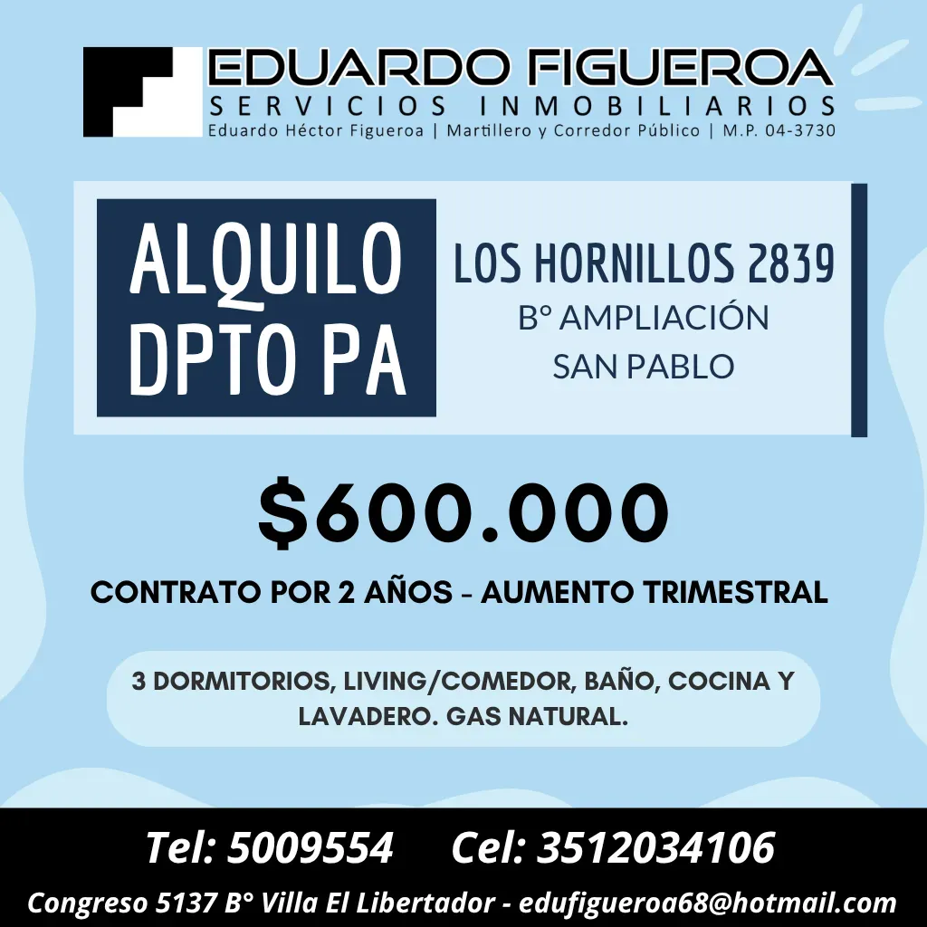 ALQUILO DPTO 3 DORMITORIOS B° AMP. SAN PABLO