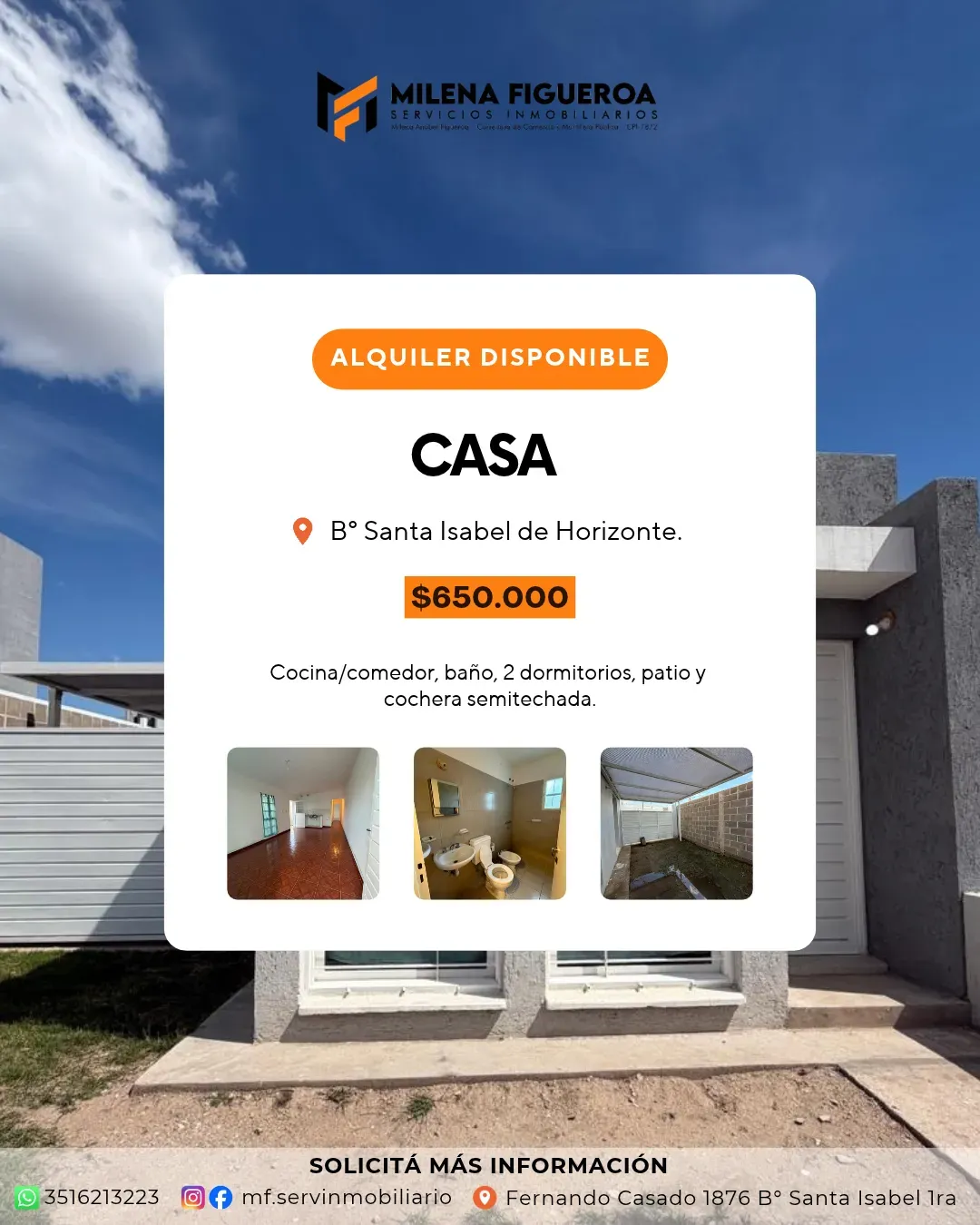 ALQUILO CASA B° SANTA ISABEL DE HORIZONTE