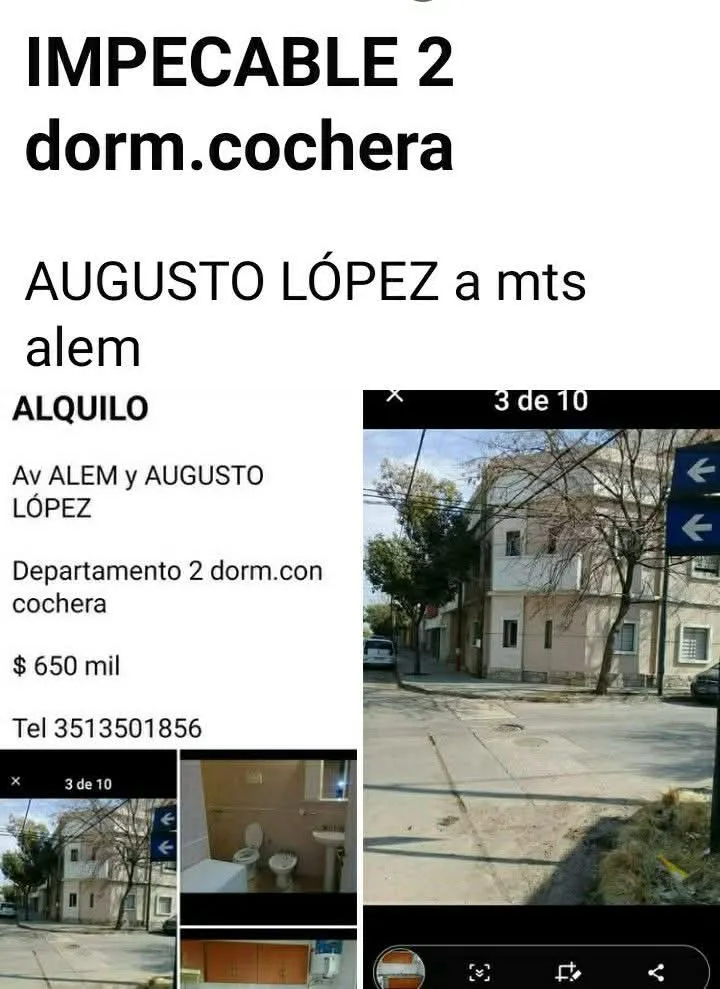 Alquiló Augusto López a mts Alem Dpto 2 dorm. C/cochera