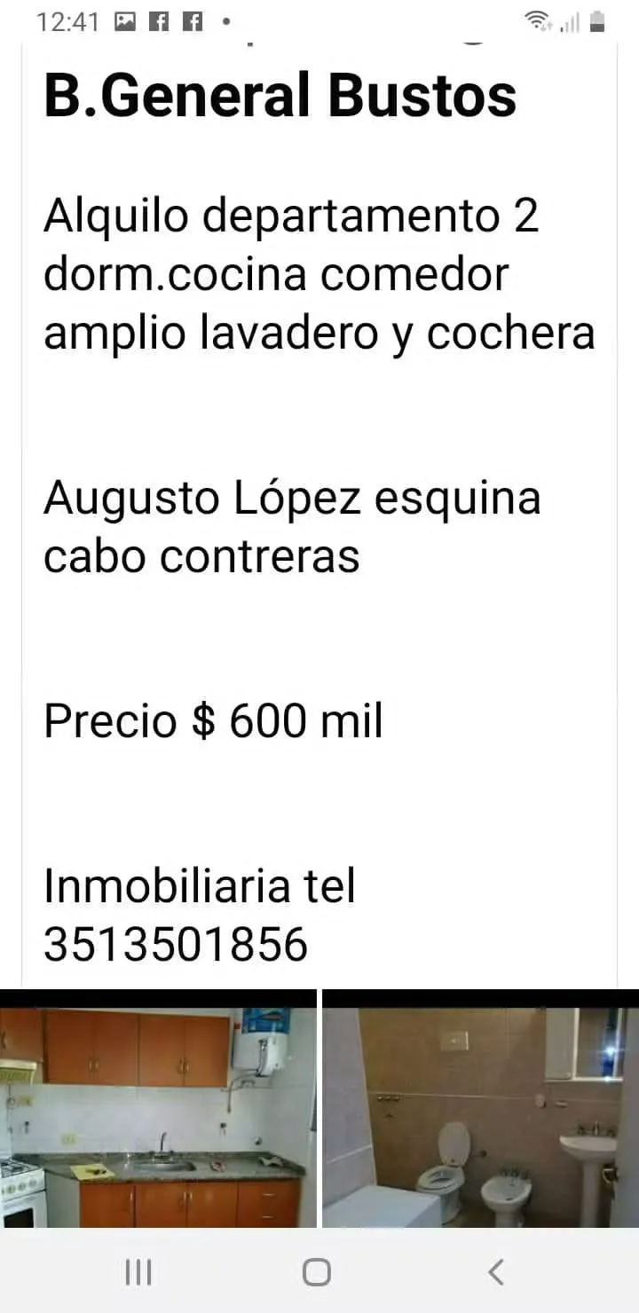 Alquiló 2 dormitorios. Con cochera.B general Bustos Augusto López